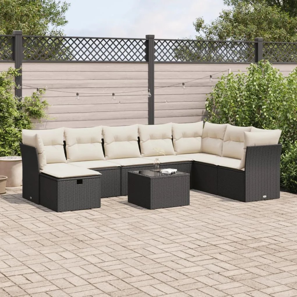 3325342 vidaXL Set mobilier de grădină cu perne, 9 piese, negru, poliratan