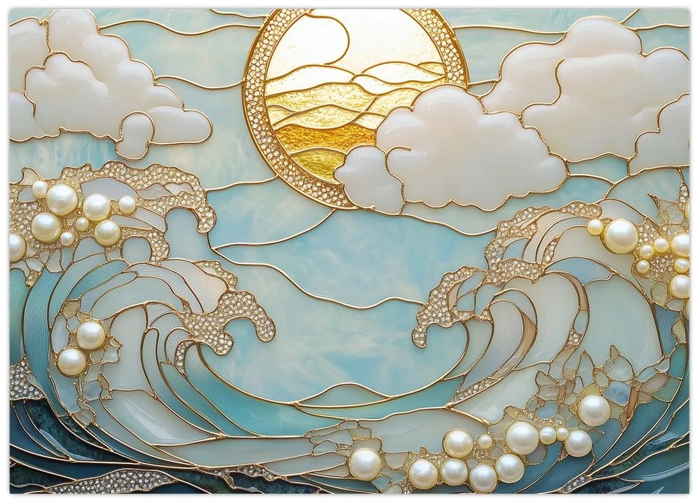 Tablou pe sticlă - Perle 3D în Ocean (70x50 cm)