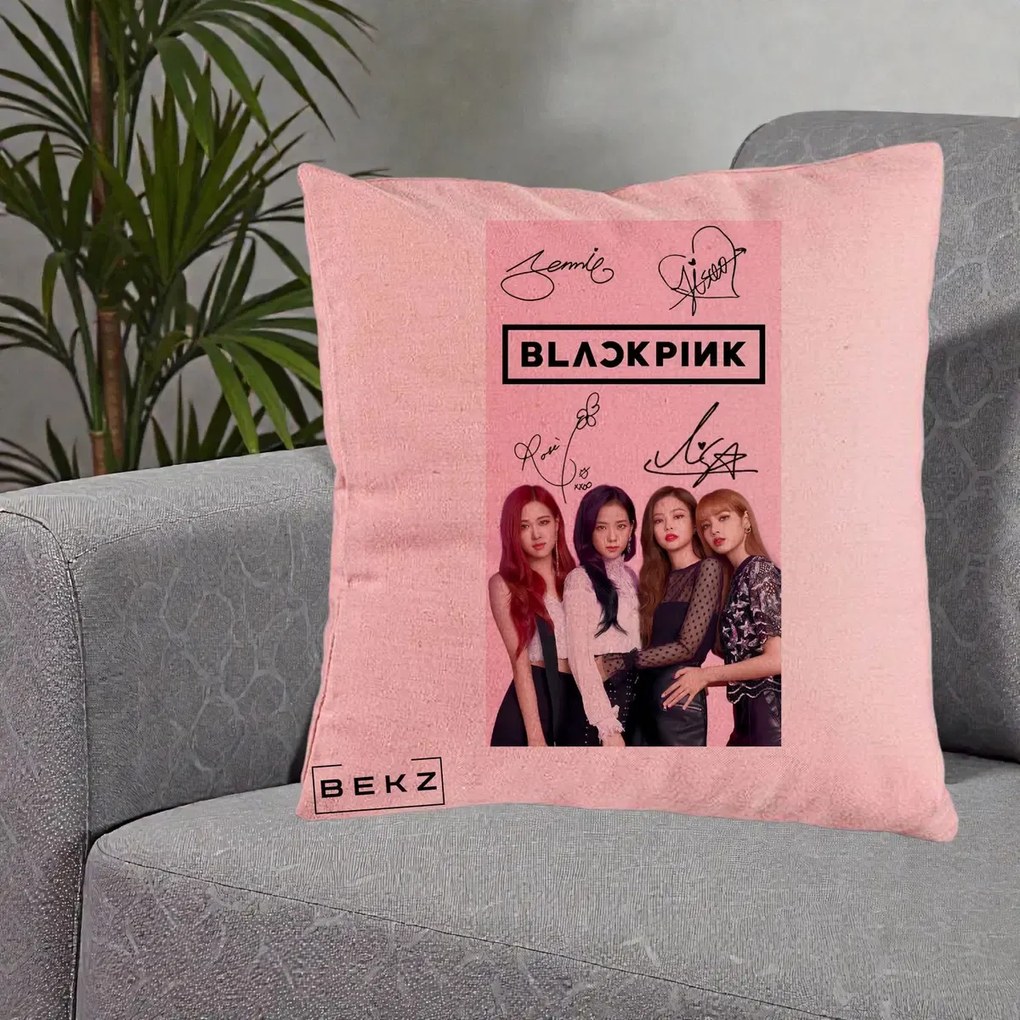 Perna Personalizata K-pop BLACKPINK Semnaturi si Foto, 40x40 cm, Roz, Husa Detasabila, Perna Inclusa, BEKZ®