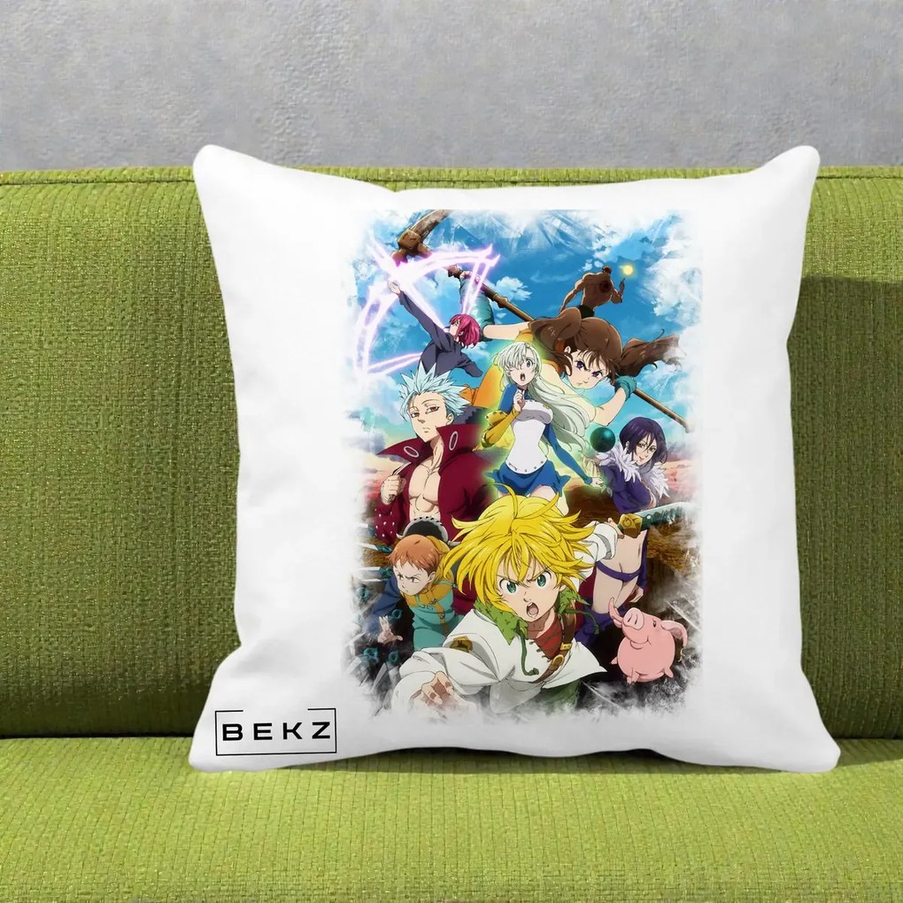 Perna Personalizata Nanatsu no Taizai Cele Sapte Pacate Mortale Anime, 40x40 cm, Alba Mata, Husa Detasabila, Perna Inclusa, BEKZ®