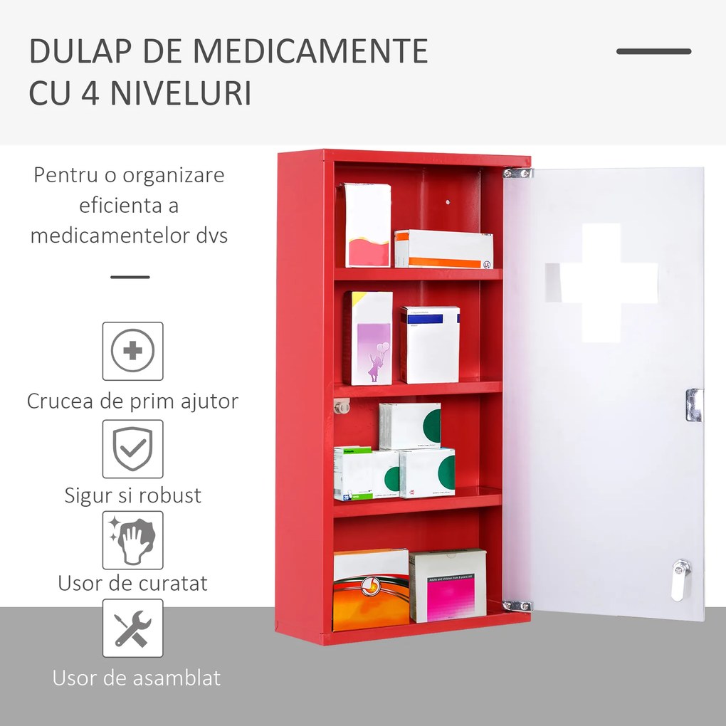 HOMCOM Dulap Prim Ajutor Montabil Perete, Cutie Medicamente, 60x30x12 cm, Roșu | Aosom Romania