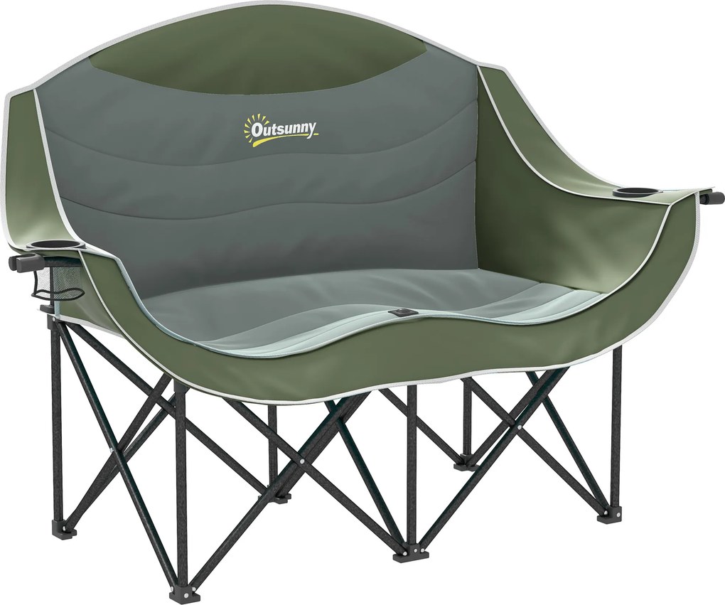 Outsunny Scaun pliabil 2 locuri scaun camping cu suport pentru băuturi geantă de transport până la 250 kg Verde | Aosom Romania