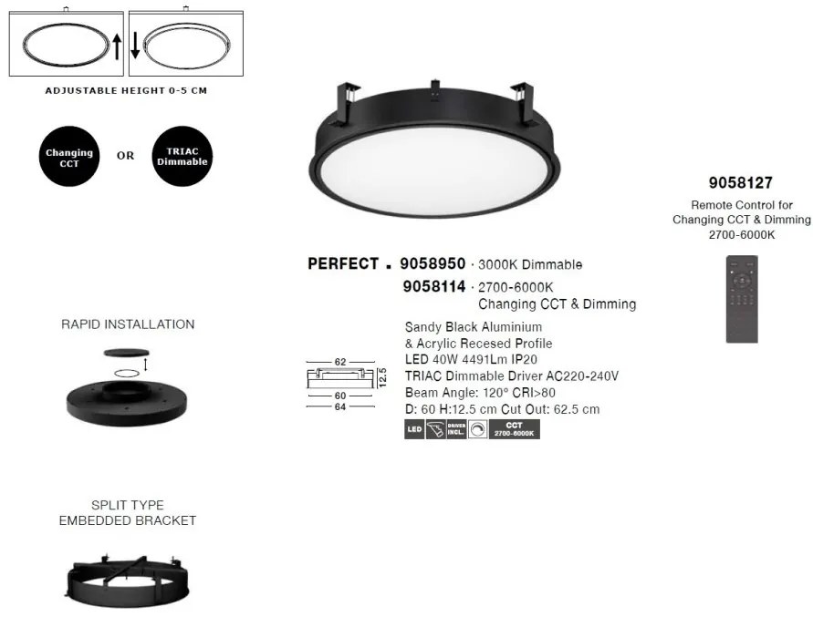 Plafoniera LED incastrabila reglabila PERFECT 60cm negru 3000K Dimmable