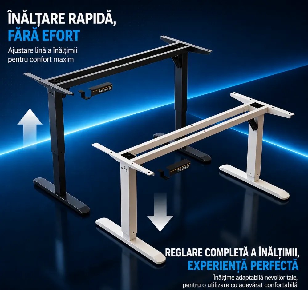 VARYON D16 – Cadru electric pentru birou, reglabil pe înălțime 72-117 cm și lățime 97-145 cm, 2 motoare, 3 memorii, sistem anti-coliziune, 150 kg, Alb