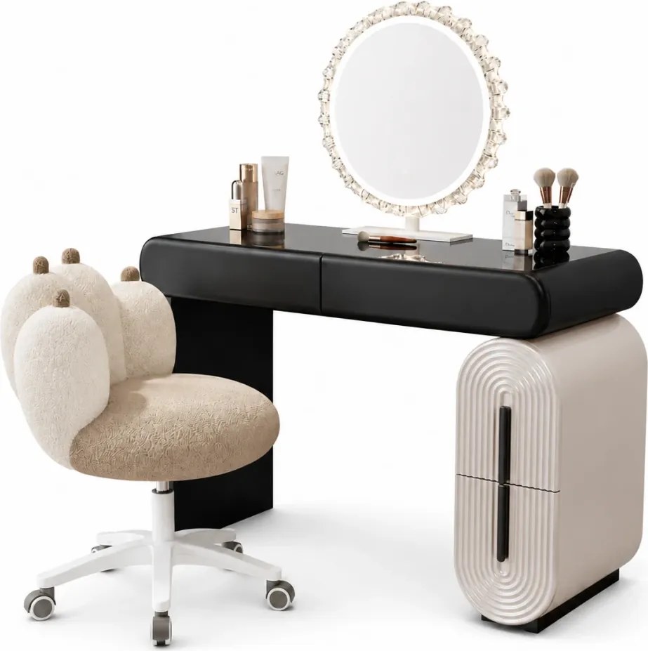 Set AURA LUXE – Masă de Toaletă pentru Machiaj, Oglindă iluminată LED, Control touch, Trei tipuri culoare, Scaun, 100 cm, Negru/Bej