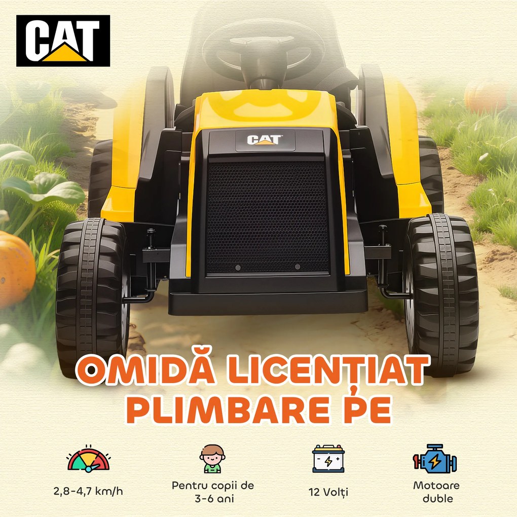AIYAPLAY Mașină Electrică pentru Copii 3-6 Ani, Licențiată Oficial de CAT, 12V, Control Manual și cu Telecomandă, Galben | Aosom Romania
