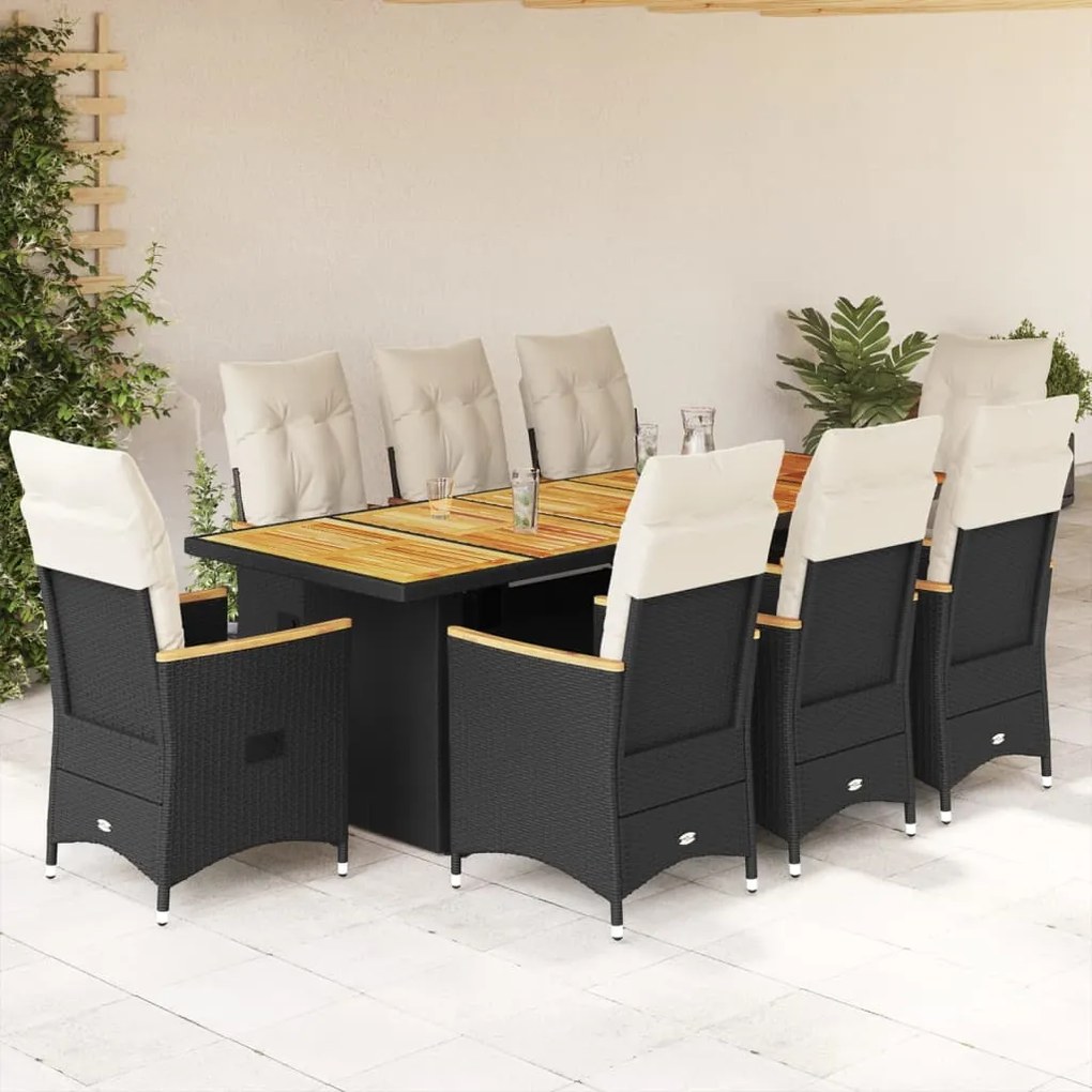 3277249 vidaXL Set bistro de grădină, 9 piese, cu perne, negru, poliratan