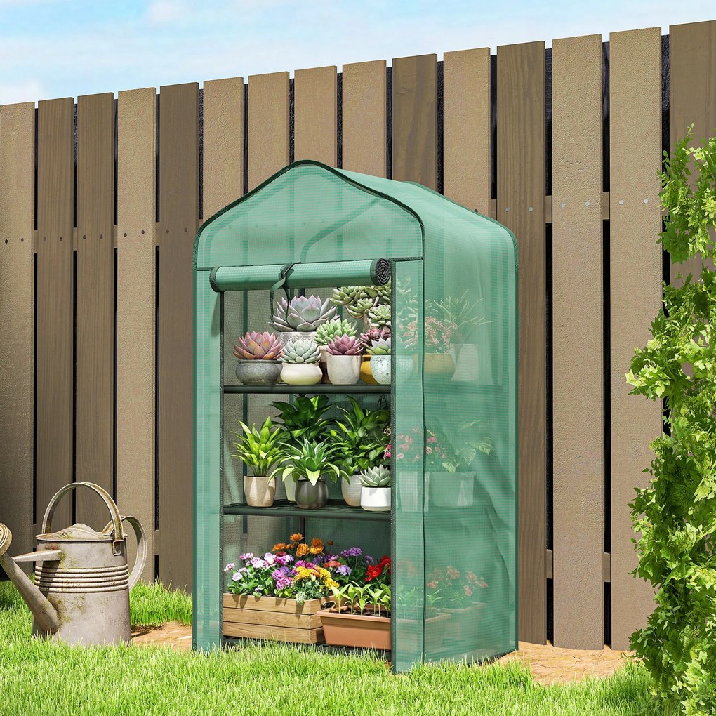 Outsunny Mini seră de grădină cu husă din PE, 3 rafturi și ușă rulabilă, 59x39x127 cm, verde | Aosom Romania