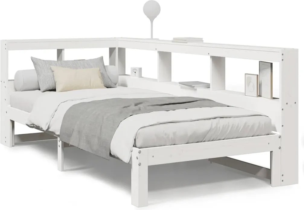 vidaXL Pat cu bibliotecă fără saltea, alb, 90x200 cm, lemn masiv pin