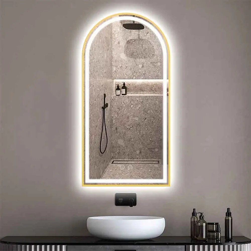 Oglinda cu iluminare si dezaburire Fluminia Cosimo 50x100 cm finisaj auriu lucios