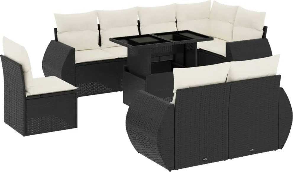 vidaXL Set mobilier de grădină cu perne, 9 piese, negru, poliratan