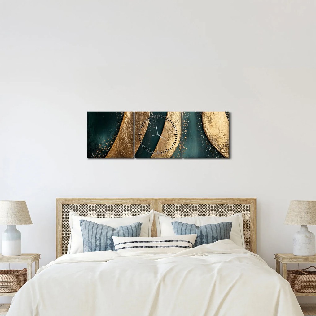 Tablou - Abstracție verde cu auriu I. (cu ceas) (90x30 cm)