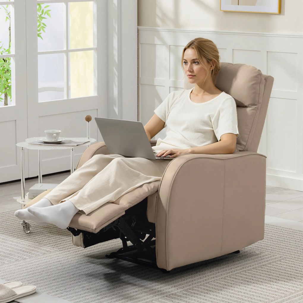 HOMCOM Fotoliu Reclinabil 160° cu Suport pentru Picioare, din Piele PU, Lemn și Oțel, 65x89x100 cm, Maro Deschis | Aosom Romania
