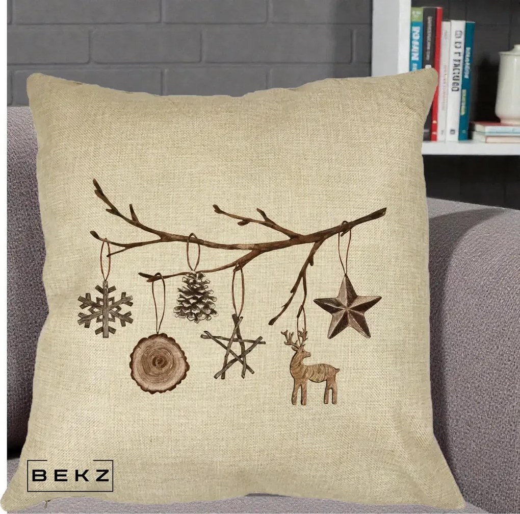 Perna Decorativa Ornamente de Lemn pe Ramura, 40x40 cm, Crem, Husa Detasabila, Perna Inclusa, BEKZ®