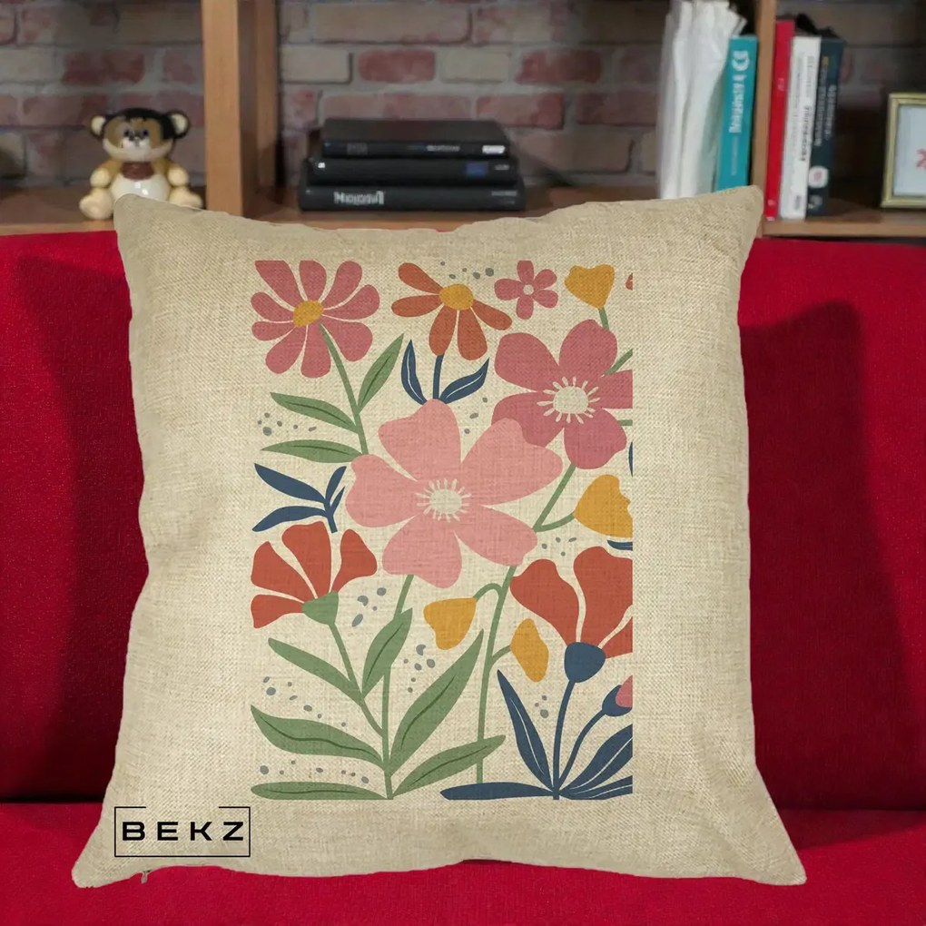 Perna Decorativa Flori Grafice Roz si Terracotta, 40x40 cm, Crem, Husa Detasabila, Perna Inclusa, BEKZ®