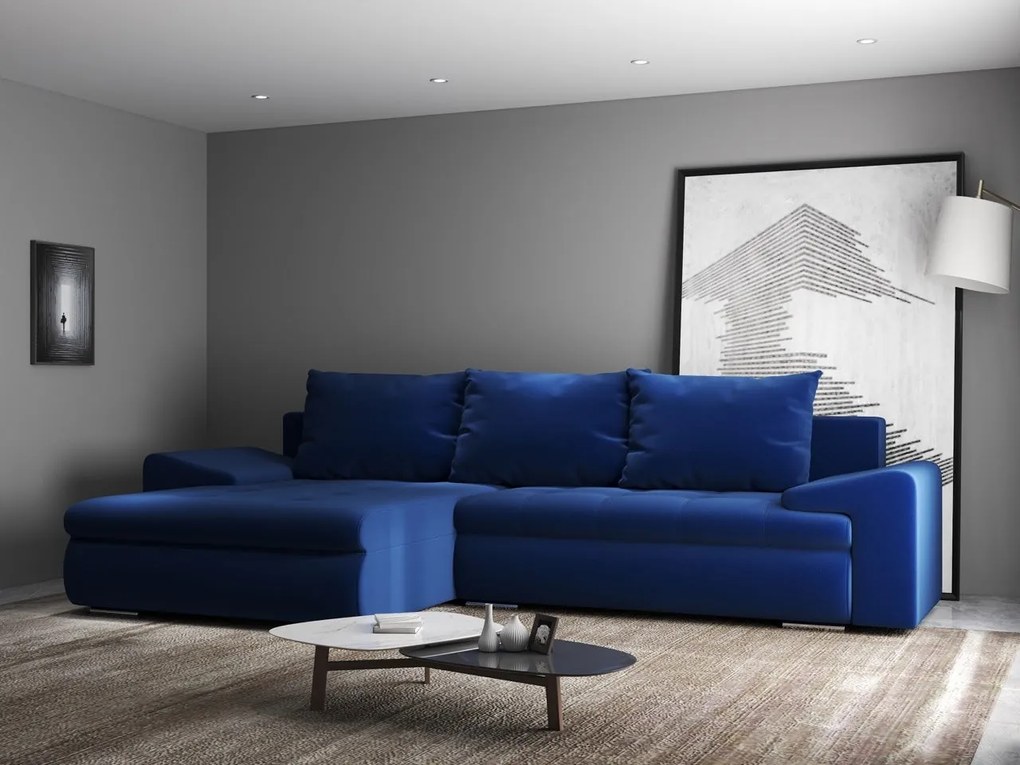 Colțar extensibil dumonde cu ladă de depozitare si sezut confortabil din spuma high-density, Leonardo Royal Albastru 260x185 cm