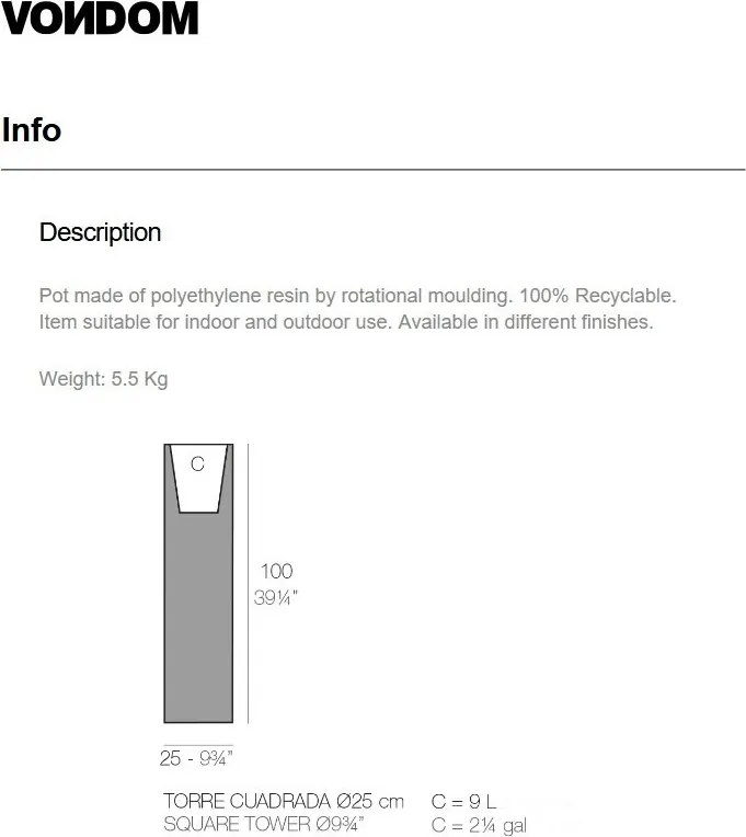 Ghiveci plante design decorativ exterior/interior Square tower pot 25x25x100cm