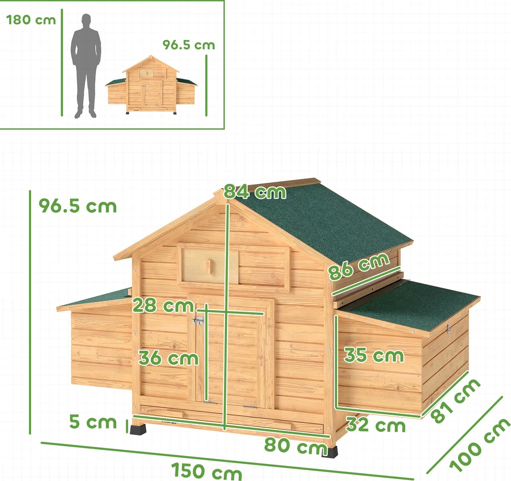 PawHut Coteț din Lemn cu 2 Căsuțe, Coteț pentru Găini de Exterior cu Acoperiș Impermeabil, Tavă Detașabilă și Bare, Adăpost pentru 2-4 Găini, Rațe, Grădină, 150x100x96,5 cm, Galben | Aosom Romania