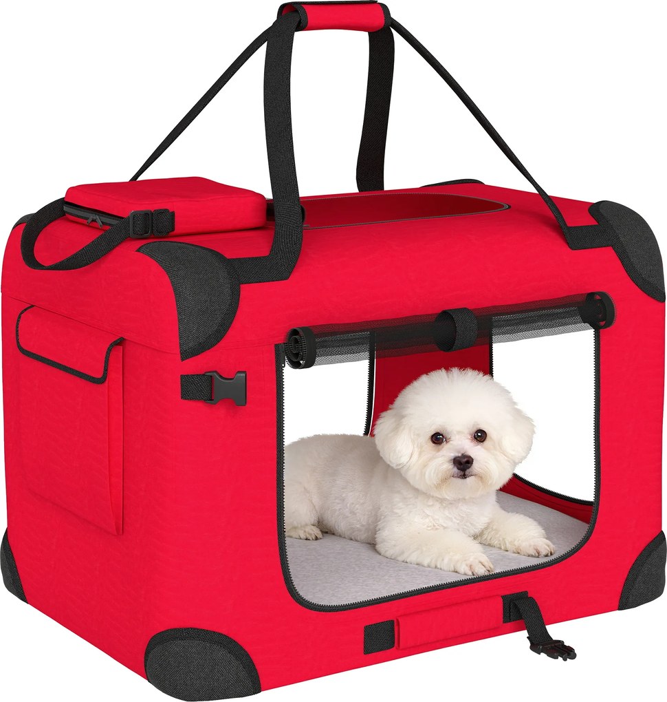 PawHut Transportin pliabil pentru câini 60x41,5x41 cm cu ferestre din plasă, pernă moale și 2 mânere pentru câini mici și pisici Roșu | Aosom Romania