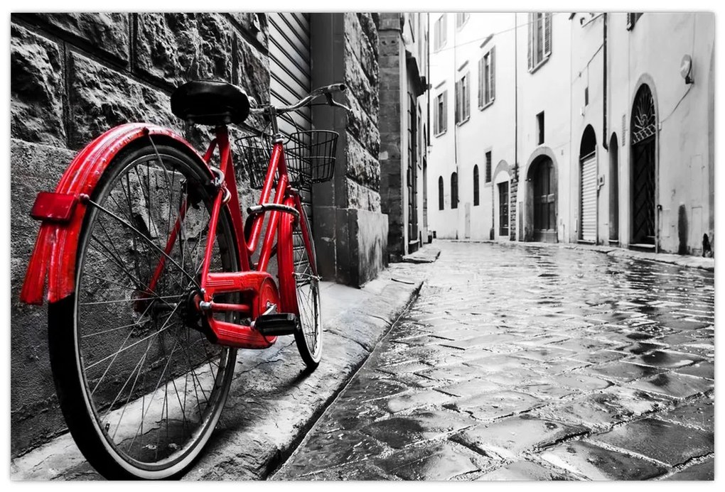 Tablou - Bicicleta roșie pe o stradă pavată (90x60 cm)