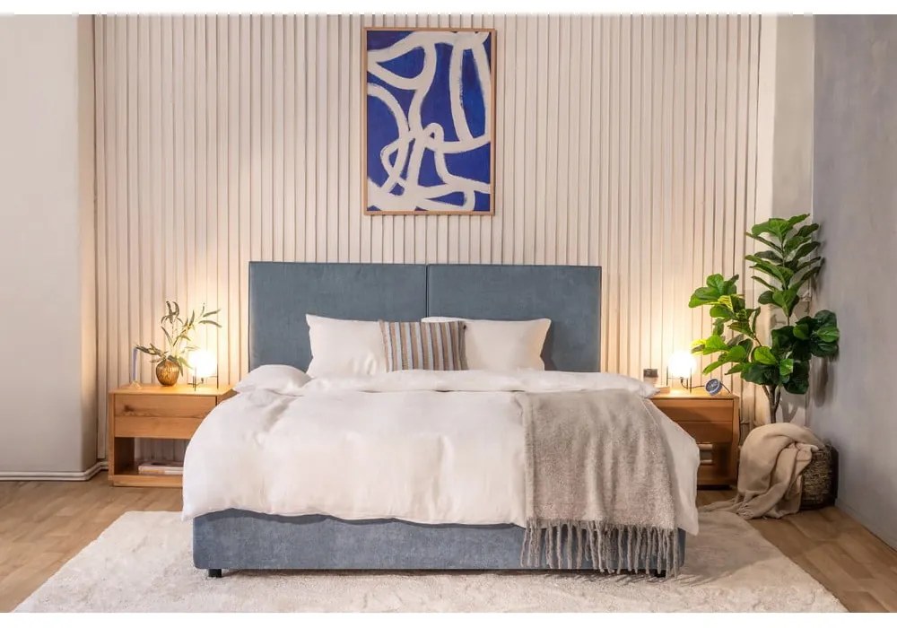 Pat dublu tapițat albastru cu spațiu de depozitare cu saltea / somieră 160x200 cm Myra Bold - Bonami Selection