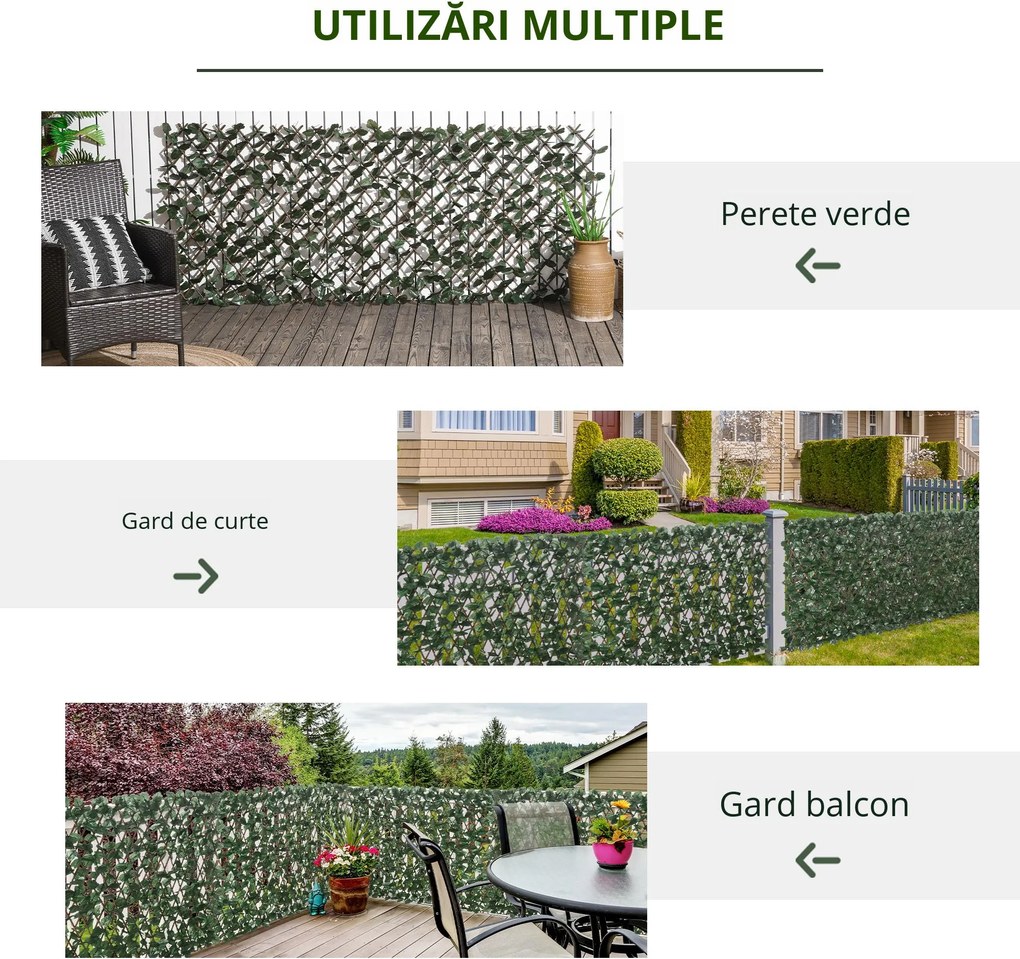 Outsunny Gard Artificial Extensibil cu 2 Secțiuni din Poliester și Ratan, 200x100 cm, Verde | Aosom Romania