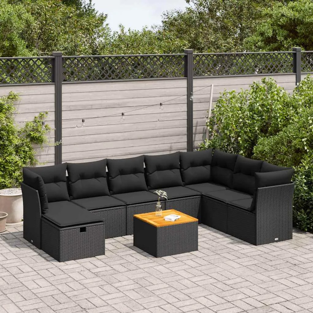 3325772 vidaXL Set mobilier de grădină cu perne, 9 piese, negru, poliratan