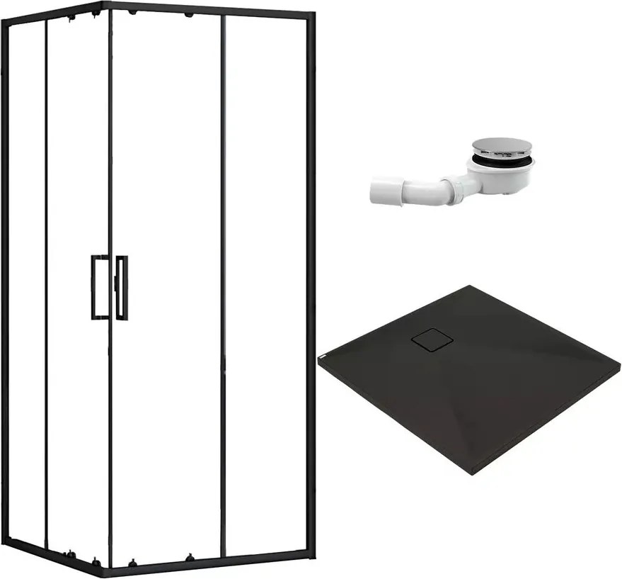 Pachet cabina de dus Rea Punto negru 90x90 cm, cadita pentru dus Deante Correo negru si sifon cadita negru
