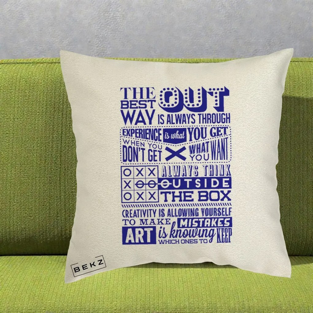 Perna Decorativa Citate Creativitate Albastru, 40x40 cm, Ecru, Husa Detasabila, Perna Inclusa, BEKZ®
