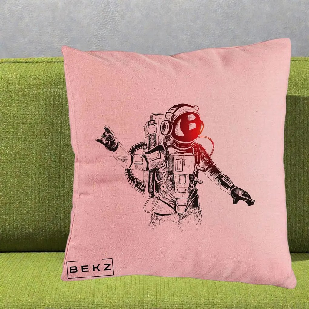 Perna Decorativa Astronaut Rock Sketching, 40x40 cm, Roz, Husa Detasabila, Perna Inclusa, BEKZ®