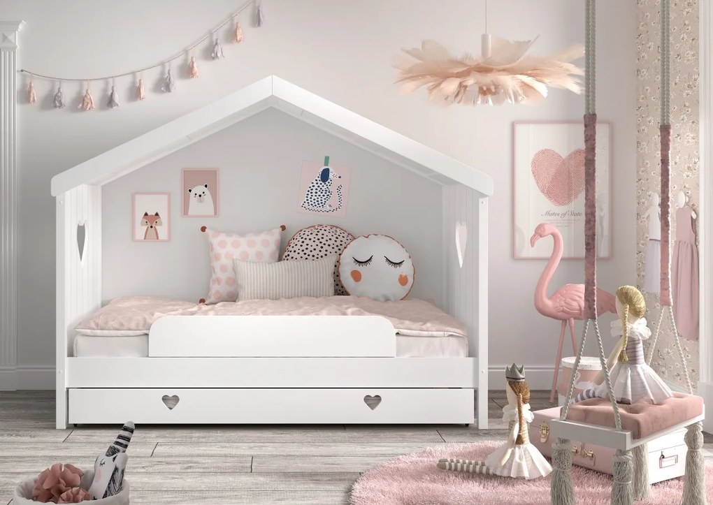 Sertar Pat AMORI pentru Copii, 90x190 cm, Alb (Pin Scandinavian și MDF), Design Romantic – Vipack