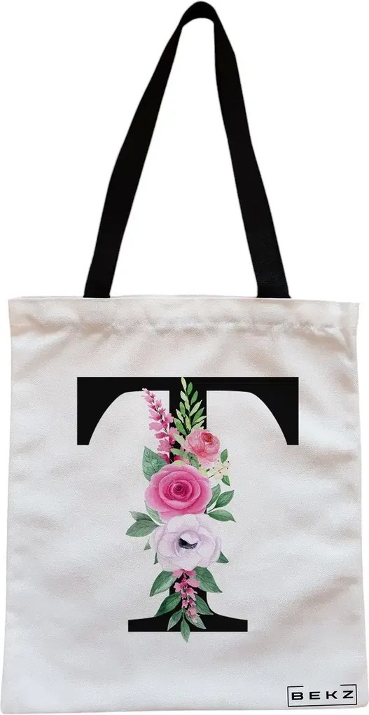 Sacosa de Panza pentru Cumparaturi, Geanta Tote, Cu litera T si Trandafiri, Cu fermoar, 38x34.5 cm, Alba, BEKZ®