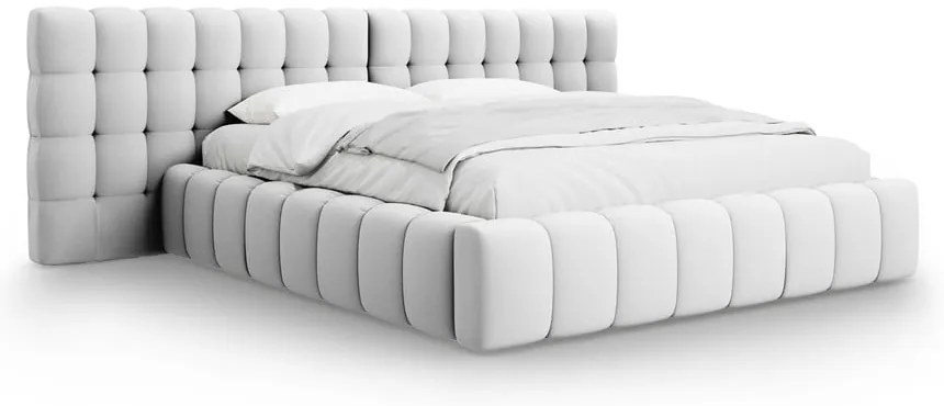 Pat matrimonial gri deschis tapițat cu spațiu de depozitare cu somieră 160x200 cm Mamaia – Micadoni Home