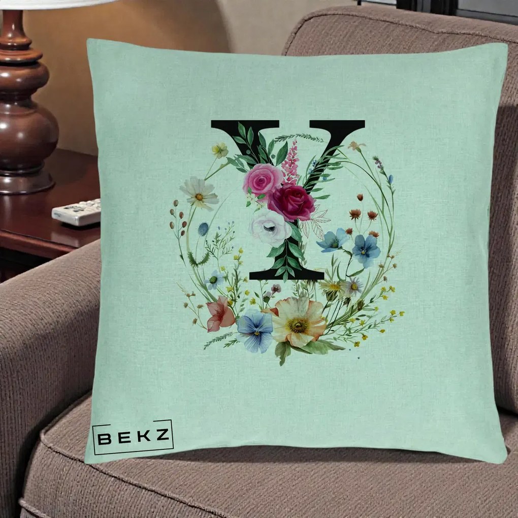 Cadou Personalizat - Perna Personalizata Monograma Florala Litera Y cu Coroana, 40x40 cm, Verde Menta, Husa Detasabila, Perna Inclusa, BEKZ®