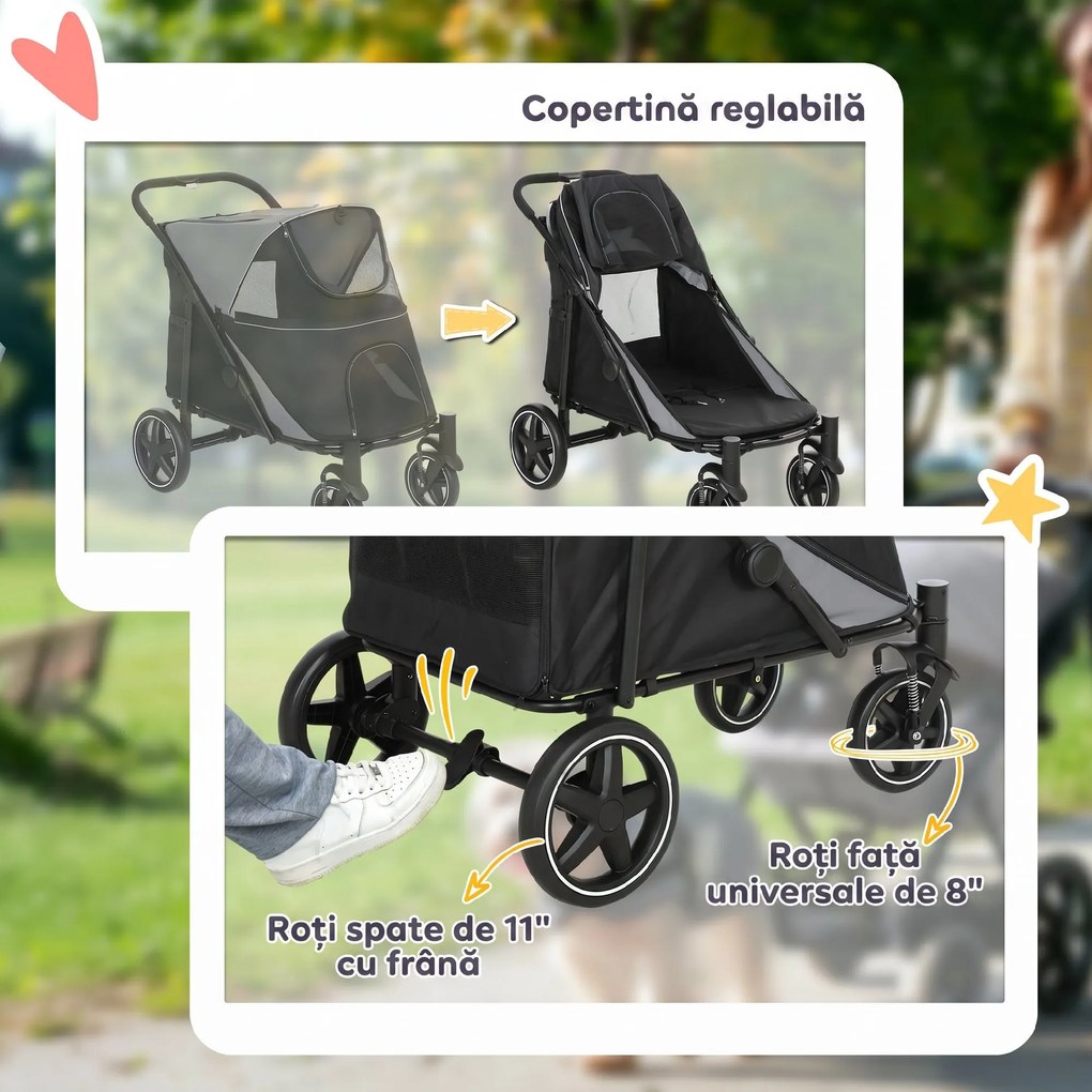 PawHut Cărucior Pliabil pentru Câini cu 4 Roți, Intrări cu Fermoar și Ferestre din Plasă, 112x65x100 cm, Gri | Aosom Romania