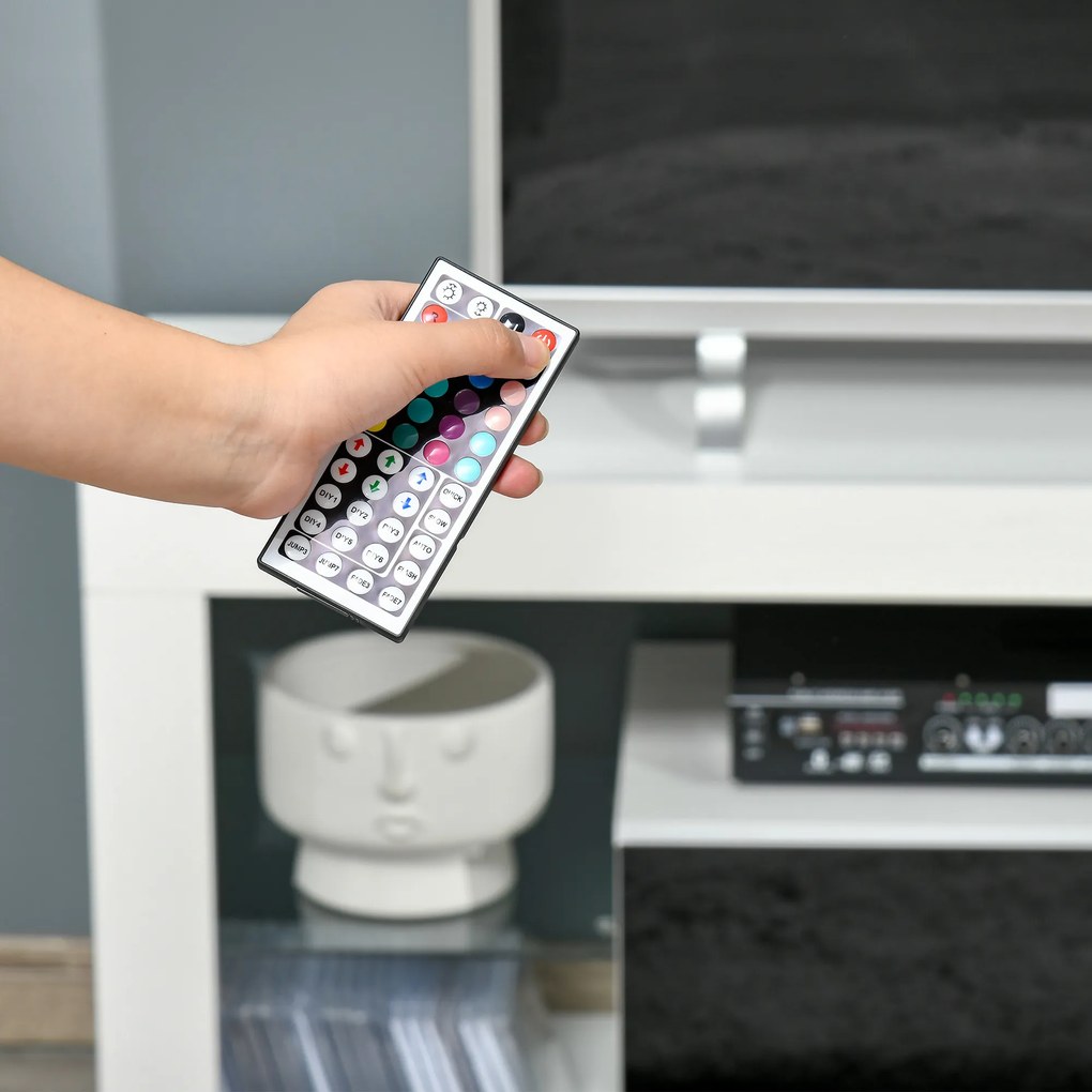 HOMCOM Suport TV cu Iluminare LED Multicoloră și Telecomandă, pentru Televizoare până la 55", Dulapior cu Sertare Lemn Alb Lucios | Aosom Romania
