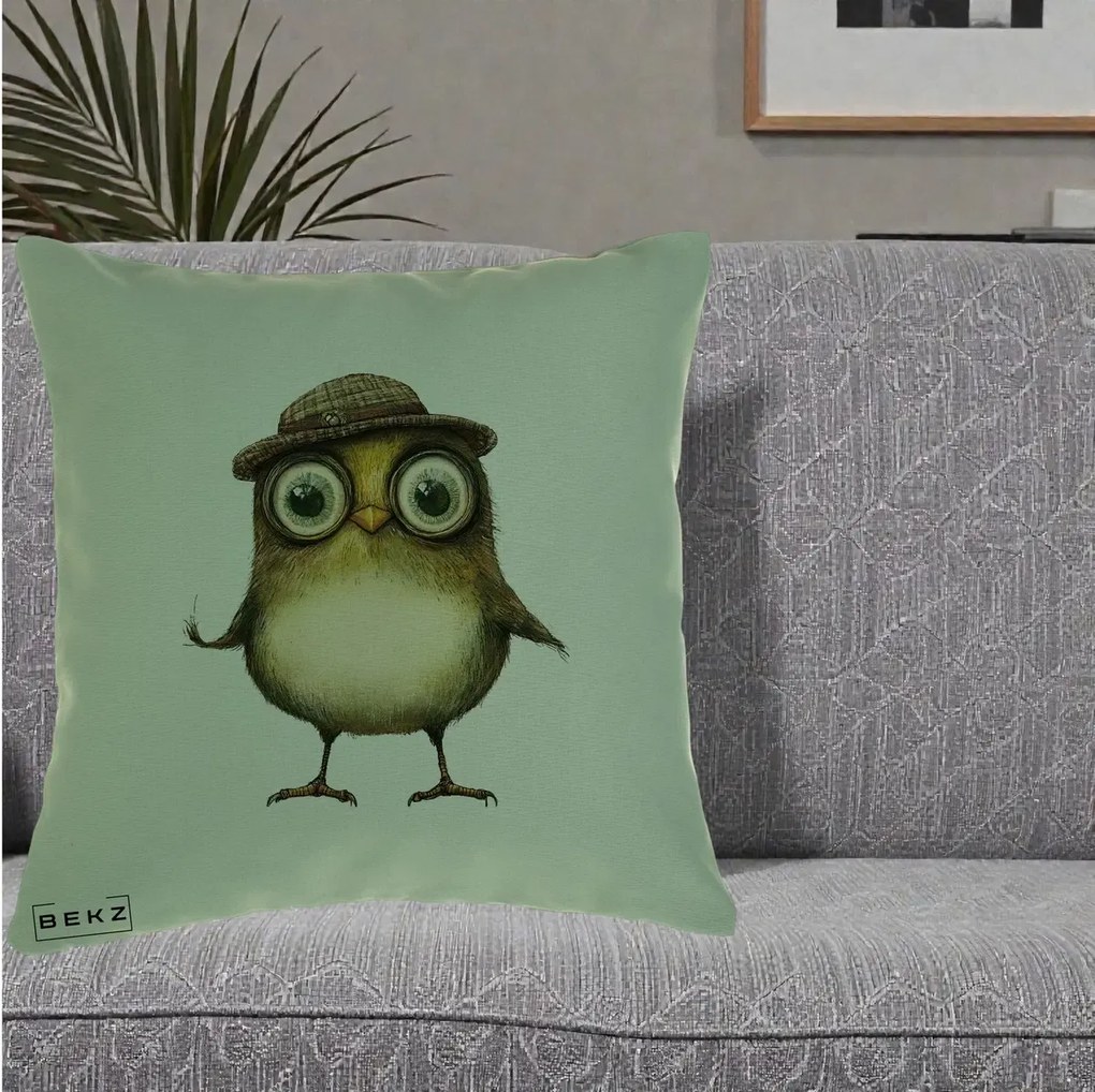 Perna Decorativa Pui Intelectual cu Palarie Tweed, 40x40 cm, Verde, Husa Detasabila, Perna Inclusa, BEKZ®