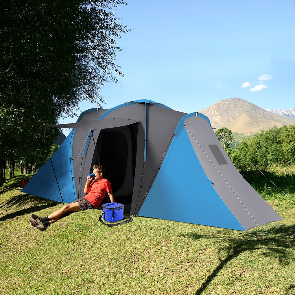 Outsunny Cort de camping pentru familie 4-6 pers. impermeabil ușor de asamblat 2 uși mari dim. 5,55 x 2,25 x 1,9 m gri închis și albastru | Aosom Romania