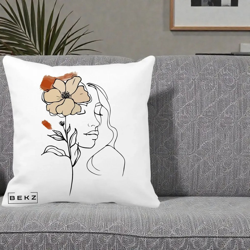 Perna Decorativa Portret Feminin Floare Bej Terracotta, 40x40 cm, Alba Mata, Husa Detasabila, Perna Inclusa, BEKZ®