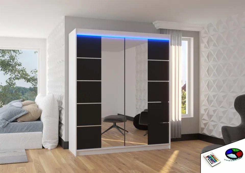 Dulap cu usi glisante si oglinda + iluminare LED, Traves 180 + LED, 180 cmx200 cmx58 cm, ADRK Furniture (Culoare: Negru / Alb)