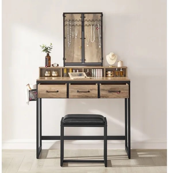 Masă de toaletă cu taburet FLORA, 28,6x42 cm, maro/negru