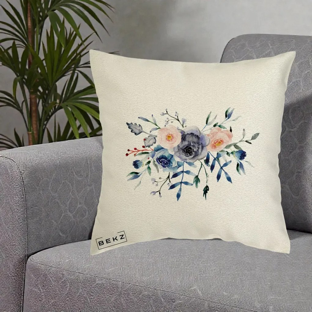 Perna Decorativa Buchet Flori Albastre Acuarela, 40x40 cm, Ecru, Husa Detasabila, Perna Inclusa, BEKZ®