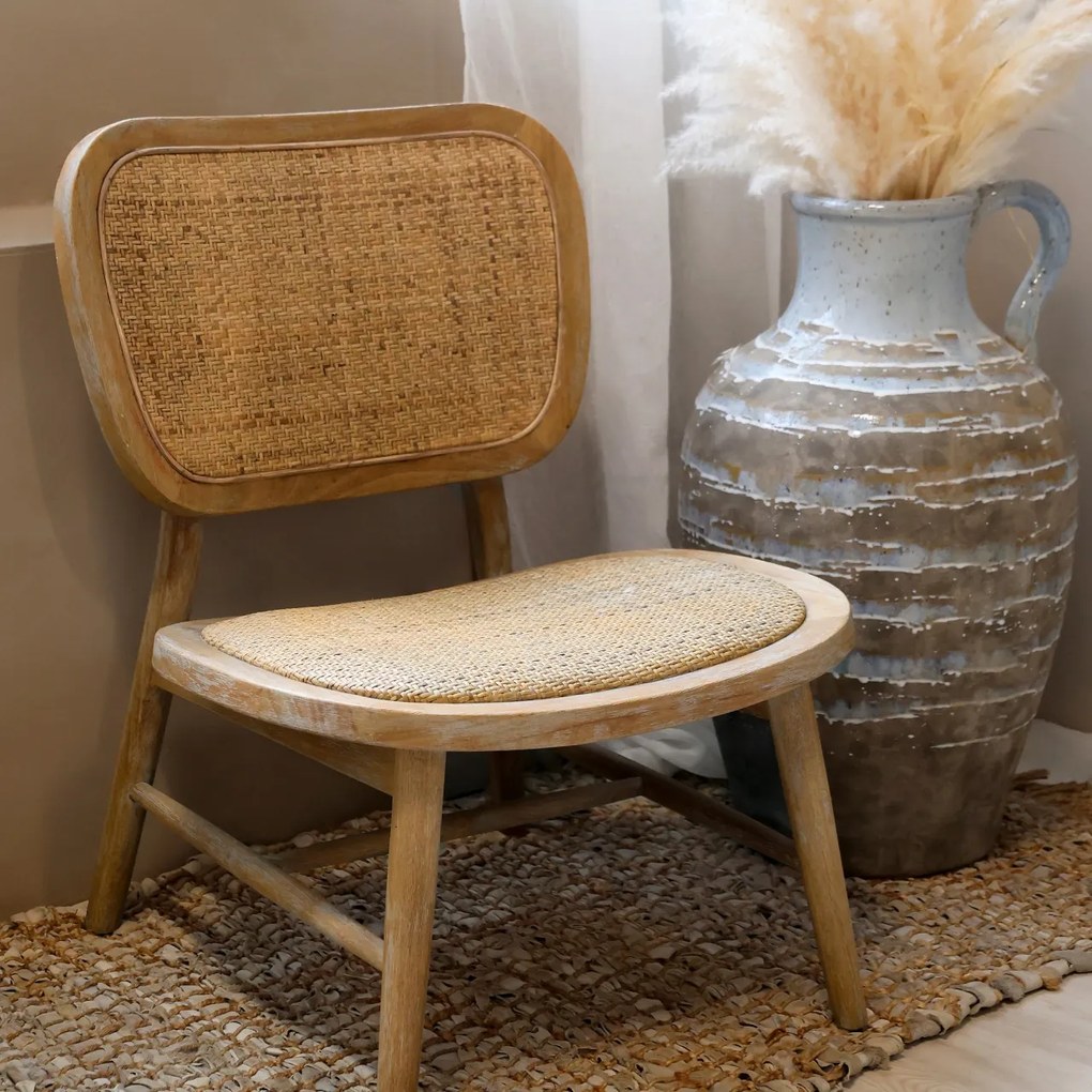 Scaunel din lemn de cauciuc si rattan, cu aspect vintage, French