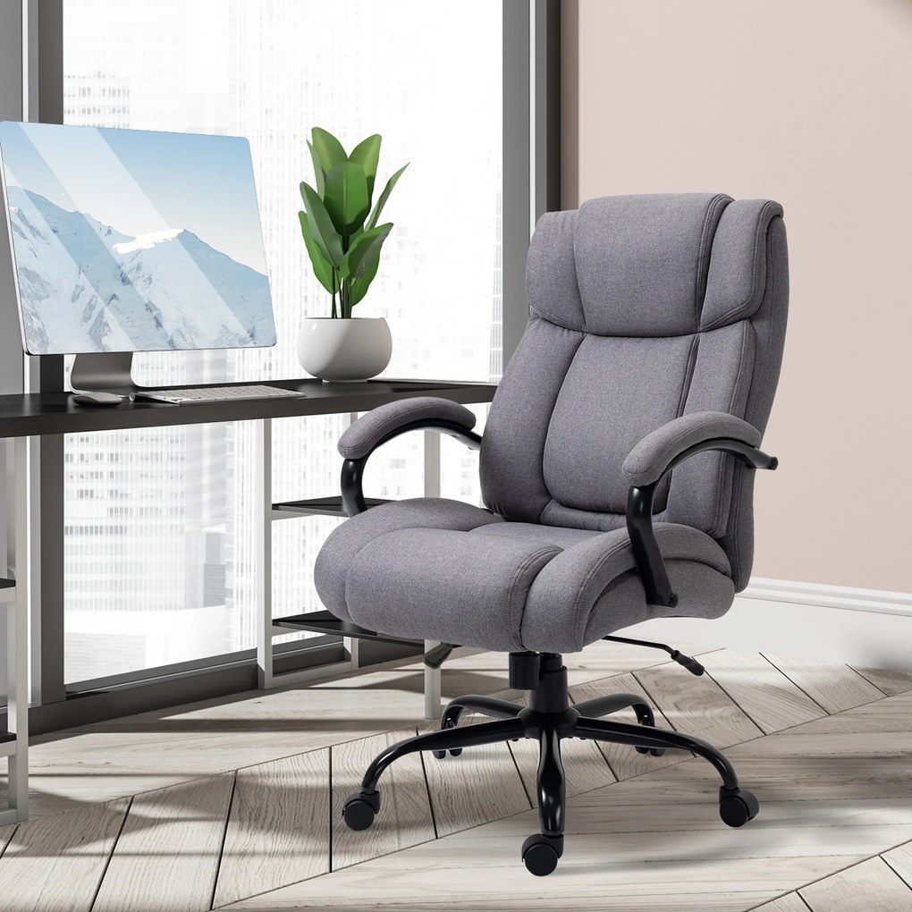 Vinsetto Scaun de birou, Scaun de șef ergonomic, Scaun de birou căptușit cu brațe, Scaun rotativ cu înălțime reglabilă și funcție de legănare, aspect de in, rezistent până la 220 kg, Gri deschis | Aosom Romania