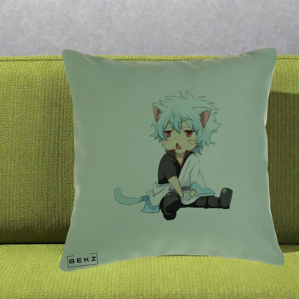 Perna Personalizata Gintama Gintoki Chibi Pisica, 40x40 cm, Verde, Husa Detasabila, Perna Inclusa, BEKZ®