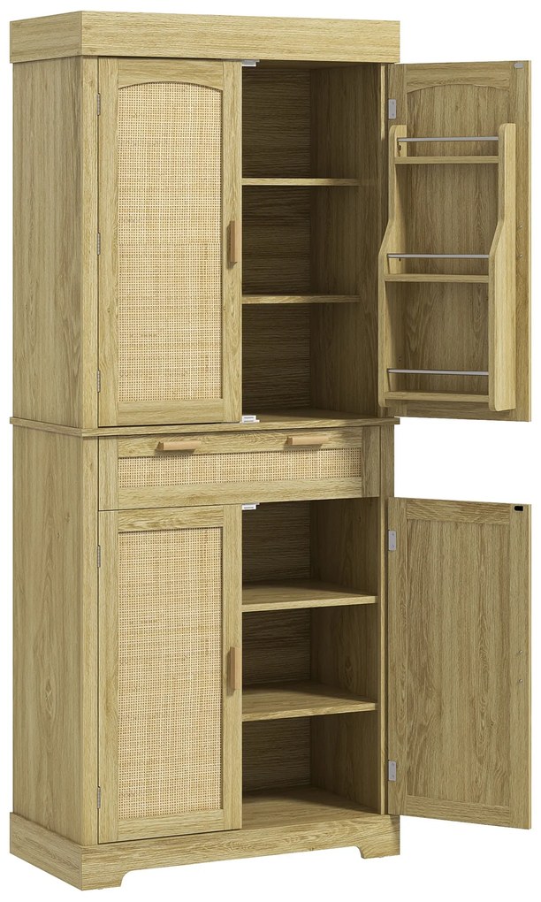 HOMCOM Dulap Bucătărie 76×40×183 cm cu 2 Uși și Sertar, Rafturi Condimente, Stejar | Aosom Romania