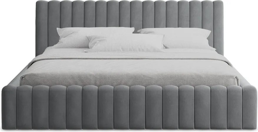 Pat matrimonial gri tapițat cu spațiu de depozitare cu somieră 160x200 cm Lemi – Makamii
