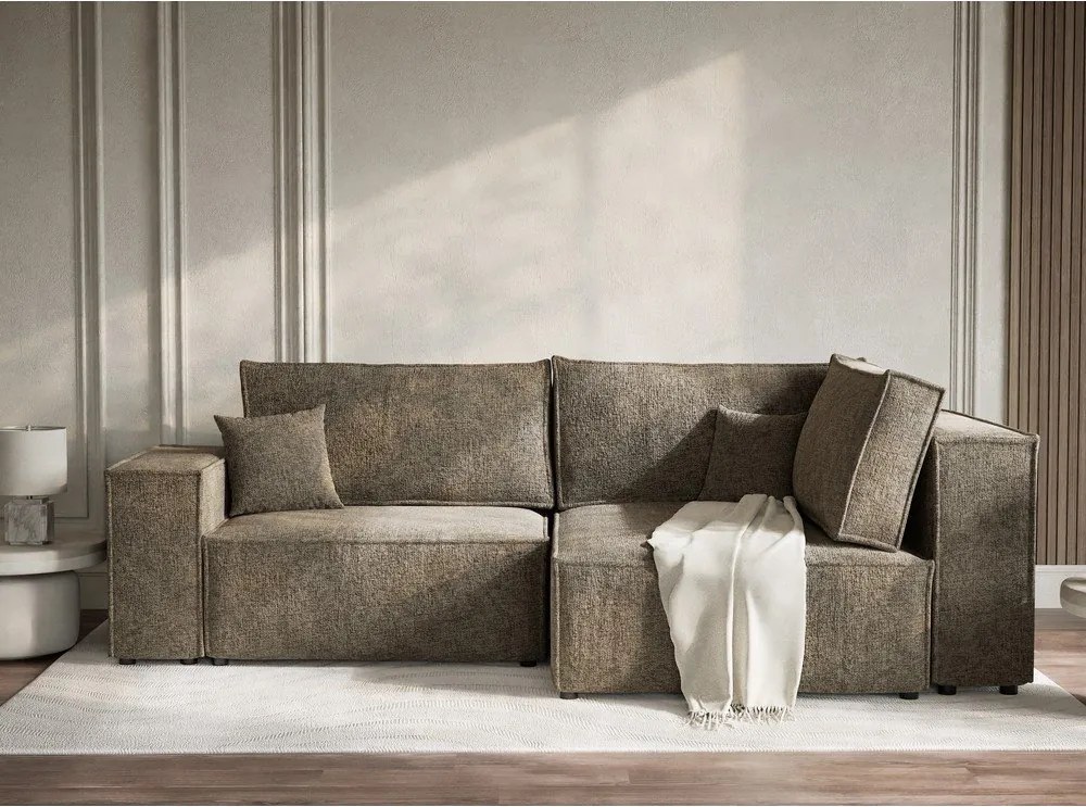 Colțar maro extensibil/cu spațiu de depozitare cu tapițerie din chenille (cu colț pe partea dreaptă/în formă de ”L”) Tonga – Maison de Rêve