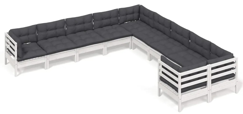 3097008 vidaXL Set mobilier grădină cu perne, 10 piese, alb, lemn de pin