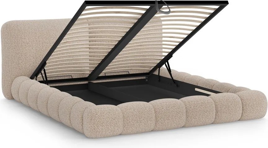 Pat matrimonial grej tapițat cu spațiu de depozitare cu somieră 200x200 cm Solange – Micadoni